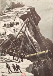 Construcción de un Cañón Lanzacohetes, de De la Tierra a la Luna por Jules Verne (1828-1905) publicado en 1865