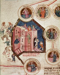 Lugar de construcción de la Torre de Babel en Babilonia Página tomada del manuscrito "Genealogía de la Biblia" de la escuela francesa. Siglo XIV Cremone, biblioteca governativa