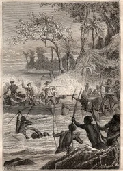 Continuado con flechas: Viaje de Philip Carteret en las islas de Santa Cruz, especialmente a la isla de Nendo en 1767 - ilustración tomada de “Los Grandes Marineros del siglo XVIII”