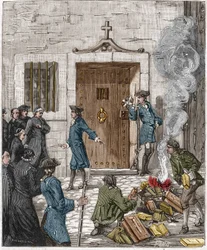 Condena de la Sociedad de los Jesuitas tras la decisión del Parlamento de París del 6 de agosto de 1762. El tribunal ordenó que más de 24 libros y escritos hechos por los jesuitas fueran quemados por el verdugo. Grabado del siglo XIX.