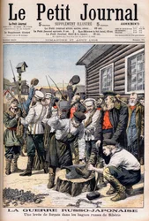 Convictos en Siberia siendo reclutados para luchar en la Guerra Ruso-Japonesa. Guerra Ruso-Japonesa. Un levantamiento de forzados en los bagnes rusos de Siberia. Ilustración para Le petit Journal, 27 de agosto de 1905.