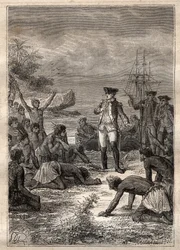 Recepción de Cook por los nativos - Tercer viaje de James Cook - Cook recibido por los nativos - Tercer viaje de James Cook en el Océano Pacífico - ilustración tomada de "Los Grandes Navegantes del siglo XVIII" por Jules Verne
