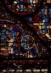 Toneleros trabajando, detalle de la Vida de San Julián el Hospitalario en la ventana del deambulatorio norte