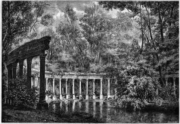 Columnata corintia alrededor del estanque ovalado en el Parc de Monceau, París
