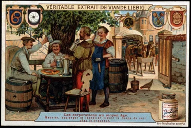 Corporaciones en la Edad Media: molinero, panadero y tonelero vaciando la jarra de la tarde en la casa del cervecero. Cromolitografía Liebig de finales del siglo XIX.