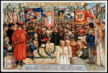 Corporaciones en la Edad Media: colocación de la primera piedra de un ayuntamiento, albañiles, carpinteros, cerrajeros, ebanistas, techadores, caldereros y vidrieros asisten con sus diversas banderas - viñeta publicitaria Liébig, finales del siglo XIX