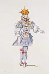 Diseño de vestuario para Geometría en un ballet cortesano del siglo XVII, de la colección Menus Plaisirs, facsímil de A. Guillaumot Fils (grabado en color)
