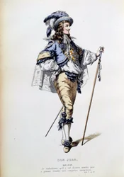 Traje para el personaje de Don Juan en la escena 2 del Acto I de la obra homónima de Jean Baptiste Poquelin, conocido como Molière (1622-1673). Grabado del siglo XIX París, Comédie-Française
