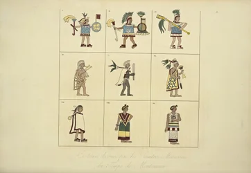 Trajes diseñados por los pintores mexicanos de la época de Moctezuma, ilustración de Vues des Cordillères et Monumens des Peuples Indigènes de l
