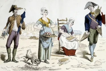 Trajes de París a través de los siglos. Ilustración de la vestimenta del siglo XVIII: comerciante de paraguas, flores, cartón de colchones y comerciante de fuelles