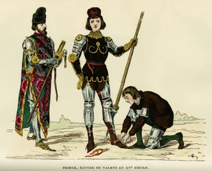 Trajes de príncipe, de su escudero y su ayuda de cámara, en el siglo XV. Grabado en color, en “Francia y los franceses a través de los siglos” de Augustin Challamel, F.Roy editor, París 1882. Colección Selva.