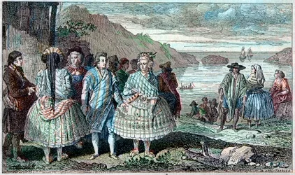 Trajes de los habitantes de La Concepción (Chile) - Atlas del Viaje de La Perouse alrededor del mundo durante los años 1785-1788, París 1797.
