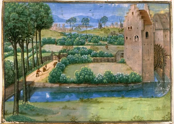 Cott Aug A V f.345v Paisaje flamenco con un molino de agua en primer plano y un molino de viento en segundo plano, de la 