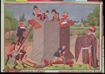 Cott Aug V fol.22 Construyendo la Torre de Babel, miniatura de 
