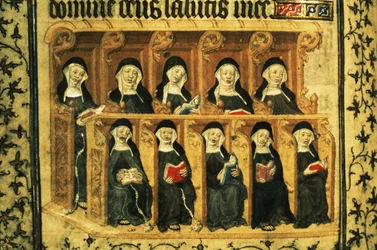 Cott Dom A XVII f.74v Monjas en la sillería del coro, del Salterio de Enrique VI, París