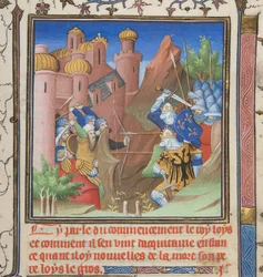 Cotton Nero E II pt.1, f.222, Batalla de Luis VII y su padre, de Grandes Chroniques de France