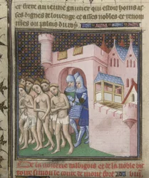 Cotton Nero E. II pt.2, f.20v Expulsión de los albigenses de Carcasona en 1209, de las 