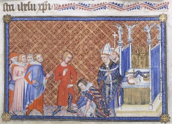 Algodón Tiberio B VIII f.48v Felipe el Temerario, duque de Borgoña, viste al rey Carlos V con las espuelas, ilustración de 