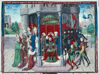 Conde Jean de Brienne, miniatura de "Les chroniques de Jherusalem abregies", c.1450 (temple sobre vitela)