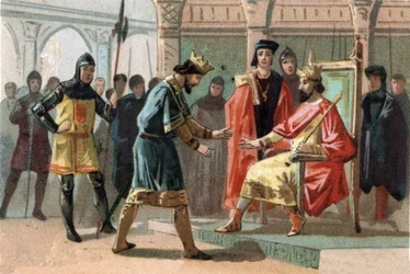 El conde Luis de Crecy, amenazado por los habitantes de Kortrijk, pidió ayuda al Rey de Francia Carlos el Hermoso (1294-1328). Cromolitografía alrededor de 1890.