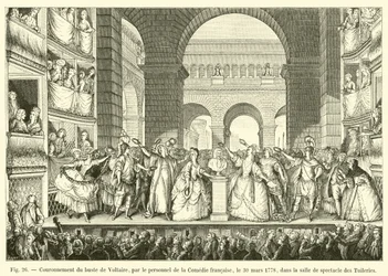 Coronación del busto de Voltaire, por el personal de la Comédie Française, el 30 de marzo de 1778, en la sala de espectáculos de las Tullerías