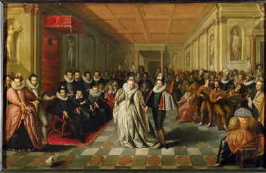 Baile de corte en el Palacio del Louvre con motivo de la boda de Ana, duque de Joyeuse ...
