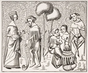 Corte de Amor en Provenza, después de un manuscrito del siglo XIV, de Le Moyen Age et La Renaissance de Paul Lacroix (1806-84) publicado en 1847