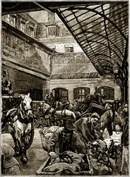 Patio para el transbordo de sacas postales en el Hotel des Postes de París a mediados del siglo XIX