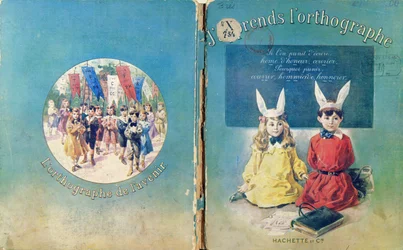 Ilustración de portada y contraportada de un libro de texto escolar francés sobre escritura, publicado por Hachette en París, 1905