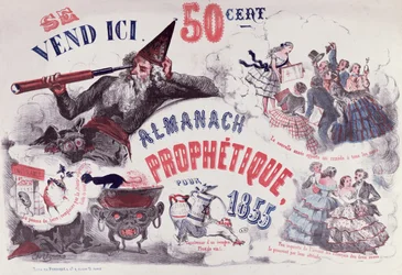 Portada de un almanaque profético que representa a Nostradamus, 1855