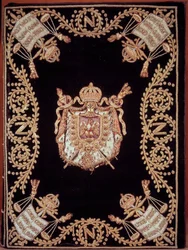 Portada de una de las doce ediciones originales del “Código civil de los franceses” promulgado por Napoleón Bonaparte el 21/03/1804. Está encuadernado en terciopelo bordado de oro y plata con emblema de justicia y armas del emperador. Ley de Derechos Civil