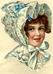 Rostro de niña recortado, con gorro de encaje