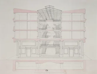 Sección transversal de una casa en el desarrollo de viviendas de Napoleón, 58 rue Rochechouart, París, 1849