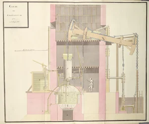 Sección transversal de una máquina de vapor para extraer agua de las minas, c.1760