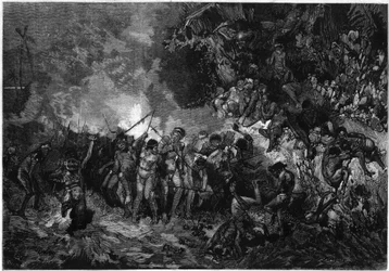 Costumbre de Nueva Caledonia: Pilou pilou, danza tradicional Kanak. Grabado en "Le Monde Illustré" n°772 del 27 de enero de 1872
