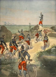Servicio de ciclismo a lo largo de la costa de Cuba, ilustración de Le Petit Journal: Suplemento ilustrado, 1898