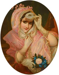 Dama con máscara y bata rosa F19Jh