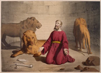 Daniel en el foso de los leones, ilustración de un catecismo L