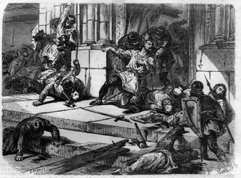 El diácono Juan rompe las puertas del palacio de Letrán. Grabado en “Histoire des Papes-Rois-Queen and Empereurs a travers les siècles” por Maurice Lachatre