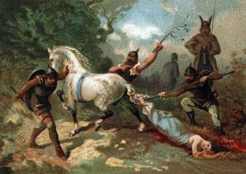 Muerte de Brunehaut (o Brunehilde) (atada a la cola de un caballo indomable) ordenada por Clotario II (613). Cromolitografía de finales del siglo XIX