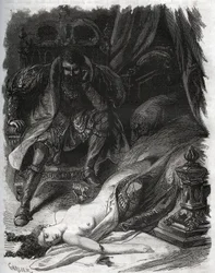 Muerte de Francoise de Foix, Condesa de Chateaubriant (ca. 1495-1537), asesinada por su esposo Jean de Laval Conde de Chateaubriant (Laval-Chateaubriant) (1486-1543), quien así se vengó de las infidelidades de su esposa. Grabado de 1871 en "Histoire Des