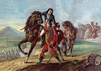 Muerte del General Charles Antoine Desaix de Veygoux (1768-1800) en los brazos del hijo del Cónsul Lebrun en la Batalla de Marengo