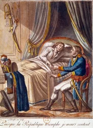 Muerte del general Hoche el 17 de septiembre de 1797: "Puesto que la Republique triunfa, muero contento" Grabado del siglo XVIII Colección particular