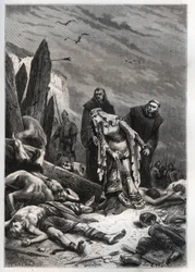 Muerte del Rey Harold II (1022-1066) en la Batalla de Hastings en 1066 - Edith Swannesha (Swanneck), conocida como Edith la Justa (1025-1086) descubre el cuerpo de su esposo - Ealdgyth (Edith la Justa o Edith Swanneschal), descubriendo el cuerpo de Harold 