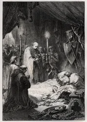 Muerte de San Luis en Túnez el 25 de agosto de 1270 - Muerte de San Luis (durante la 7ª cruzada, el 25 de agosto de 1270) - grabado de “L