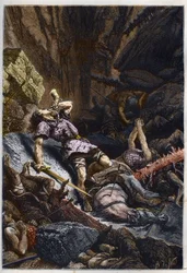 Muerte del caballero Roldán, sobrino de Carlomagno, en la Batalla de Roncesvalles (778) que enfrentó al ejército de Carlomagno y los sarracenos - Muerte de Roldán en la batalla del Paso de Roncesvalles, 778 - grabado de “L