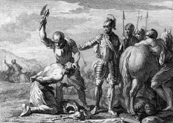 Decapitación de Siagrio, 486: ejecución del general romano Siagrio (430-486) derrotado en la Batalla de Soissons por las tropas de Clovis I. Grabado del siglo XVIII.