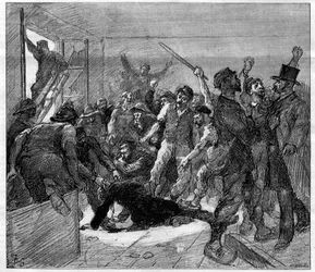 Huelga de mineros de Decazeville (Aveyron) en 1886: el ingeniero Watrin fue asesinado por los huelguistas. Grabado en «Le Monde Illustré», 6 de febrero de 1886.