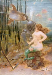 Buzo de aguas profundas con una sirena y un tiburón