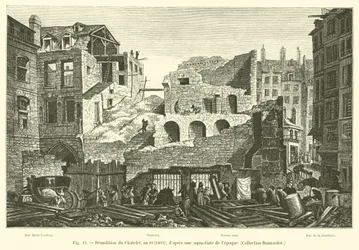 Demolición del Châtelet, año 10, 1802; según una aguafuerte de la época, colección Bonnardot